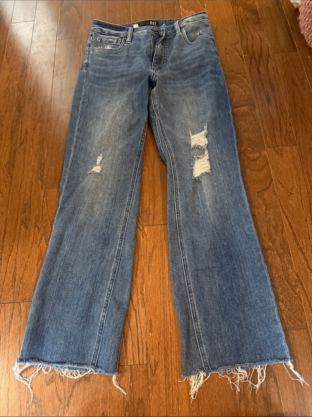 Kut from the Kloth Distressed Wide-Leg Jeans in Blue Wash